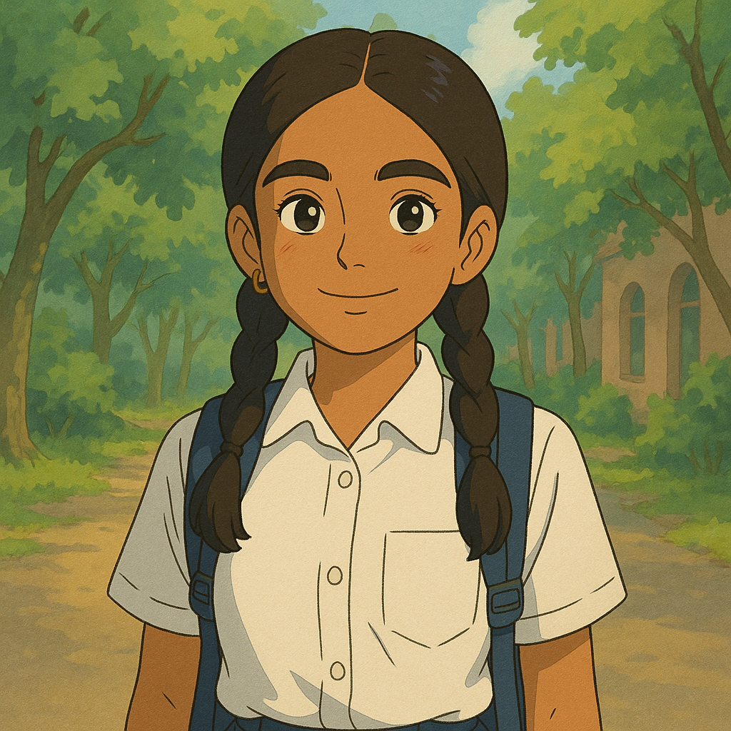 Anantika Singh - Young girl with light brown skin, dark hair in two braids, wearing white collared shirt