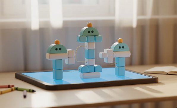 Three light blue robot figures on a glowing blue tablet screen