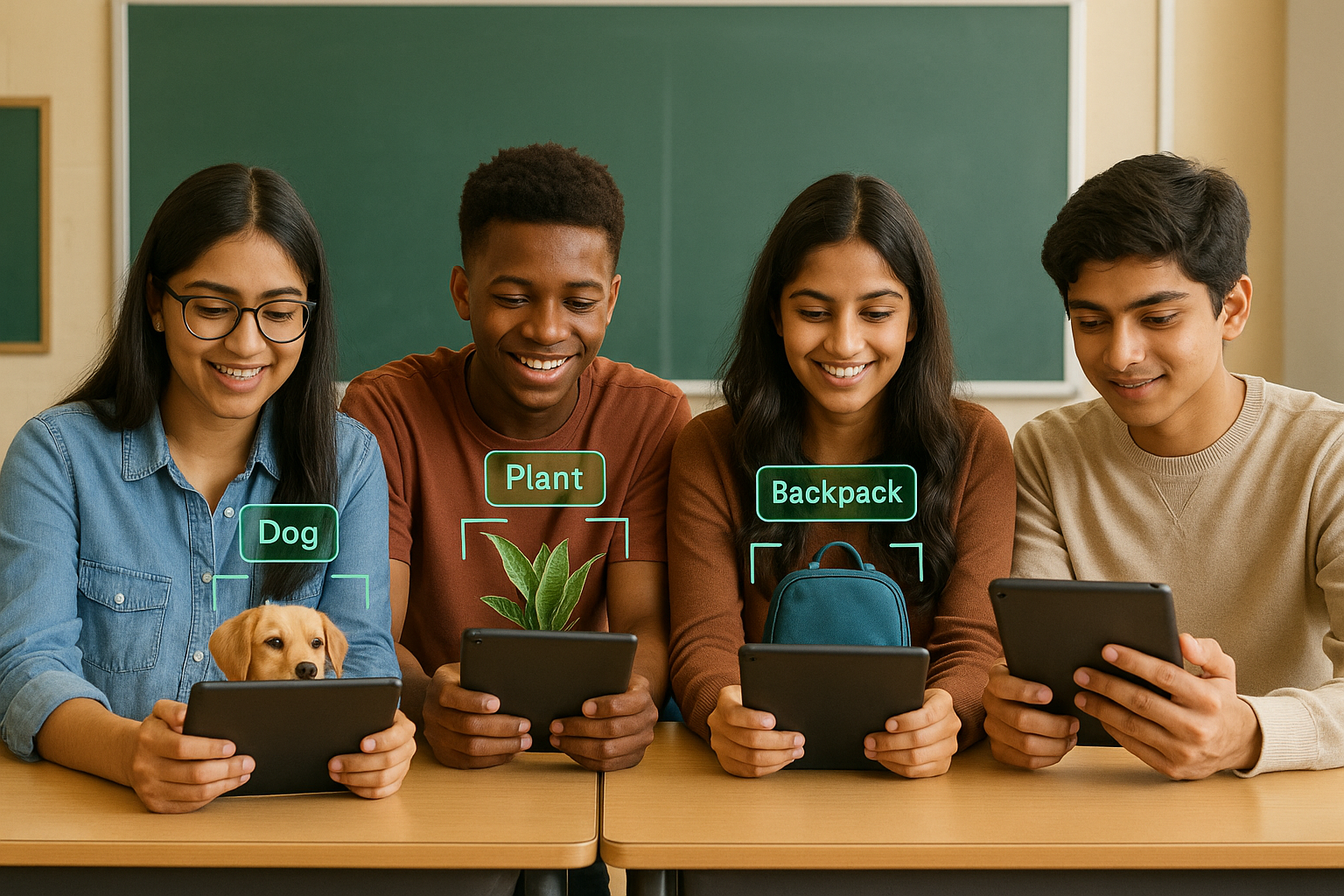 Four diverse students in a classroom using tablets with AI object recognition labels showing Dog, Plant, and Backpack