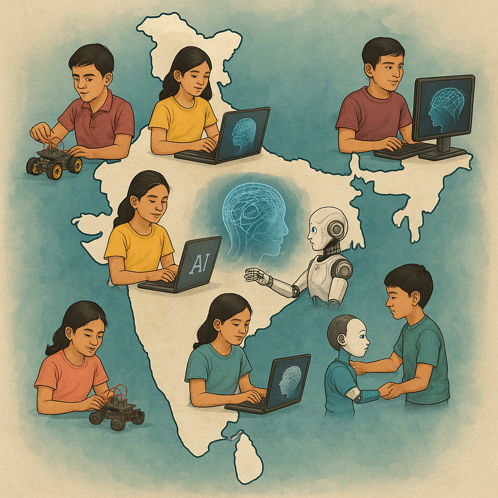 India AI Education Map showing children learning AI across the country with robotic cars, computers, and humanoid robots