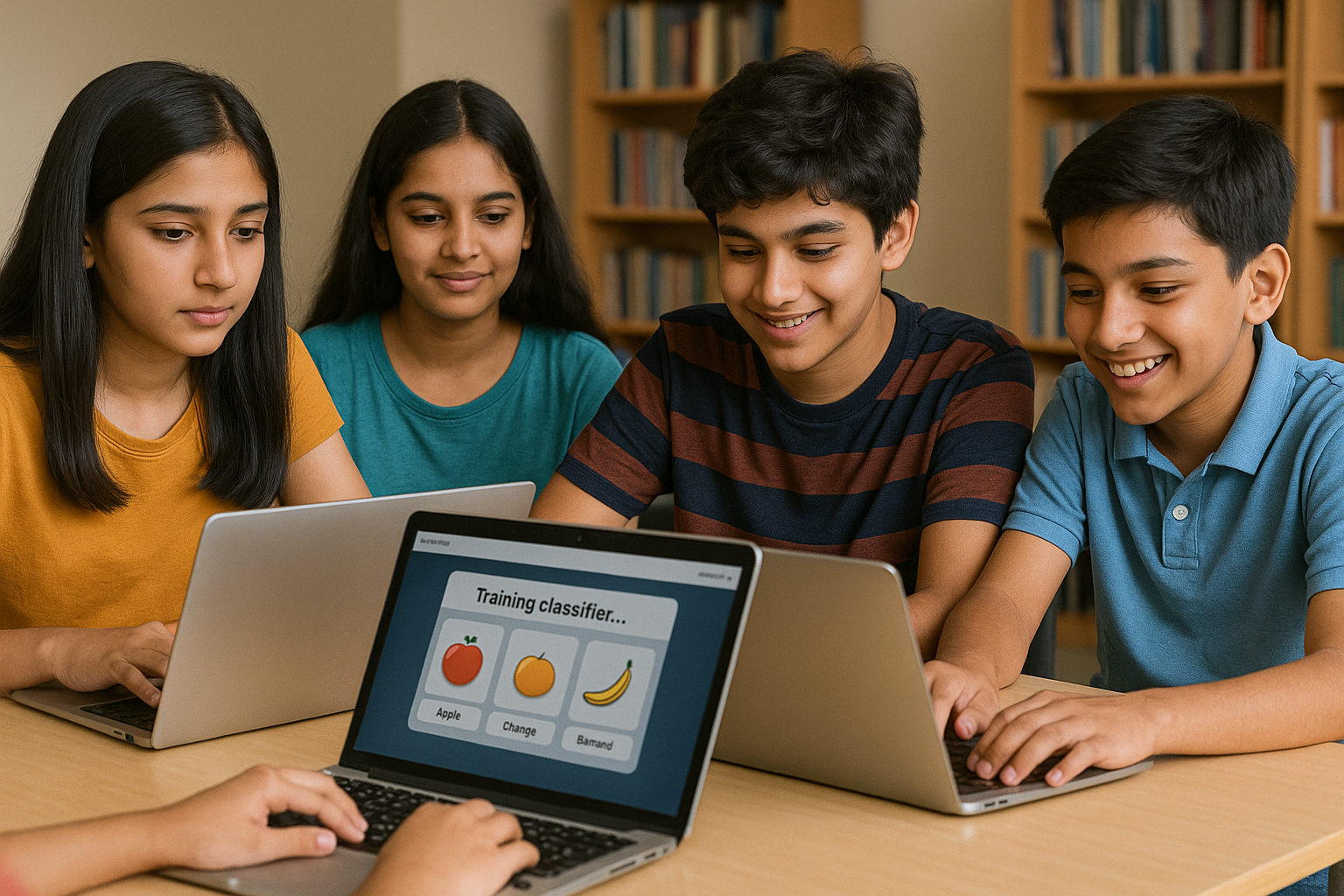 Middle school students working on laptops training image classifier