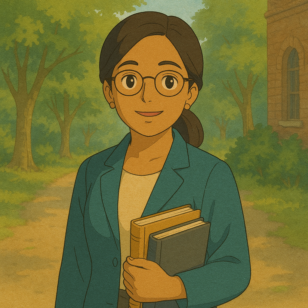 Mrs. Neelam Joshi - Adult woman with light brown skin, dark hair pulled back, wearing round glasses, light yellow top and teal blazer, holding books