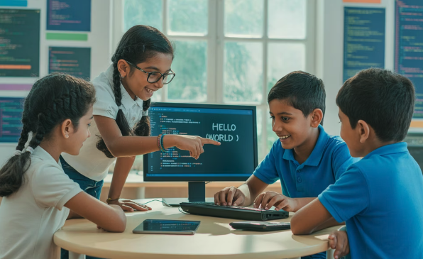 Four children coding around computer setup with "HELLO (WORLD)" on screen