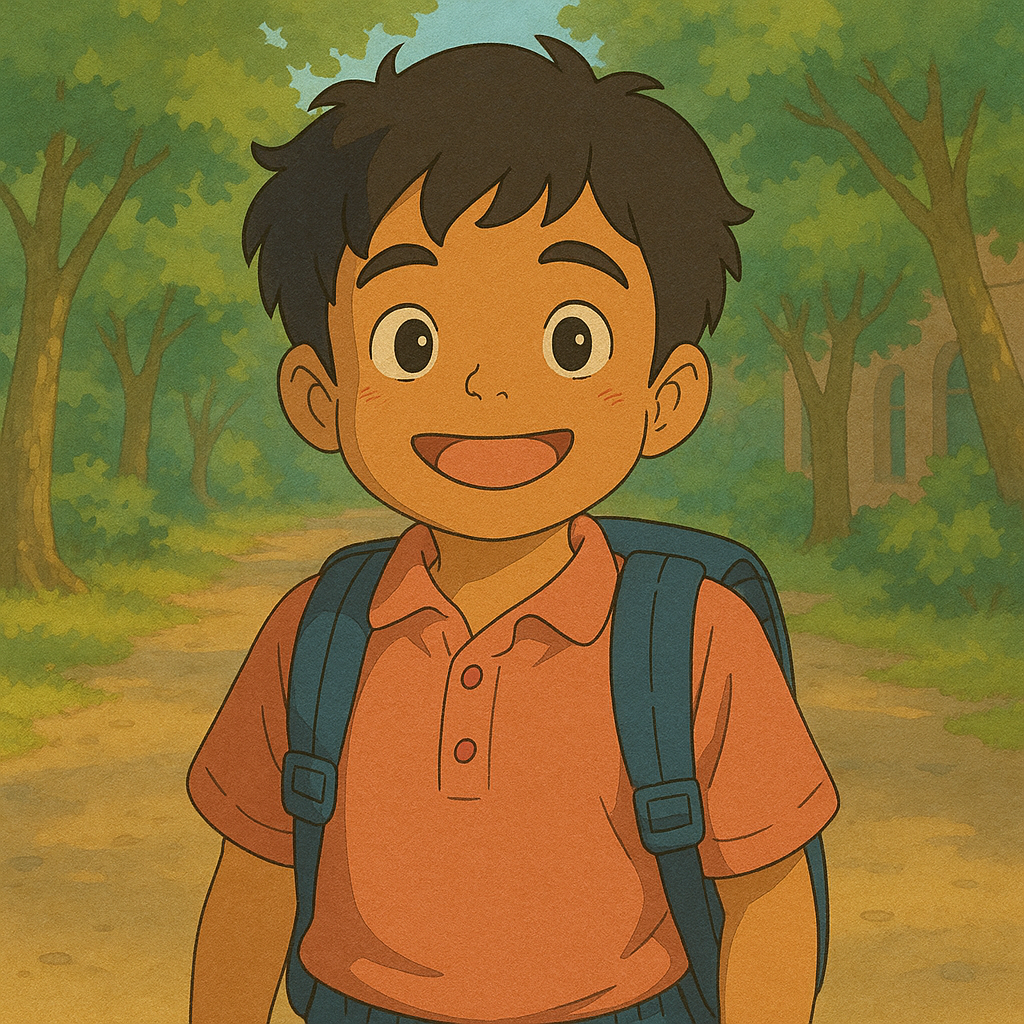 Vihaan Gupta - Young boy with light brown skin, short dark hair, wearing orange collared shirt and blue backpack