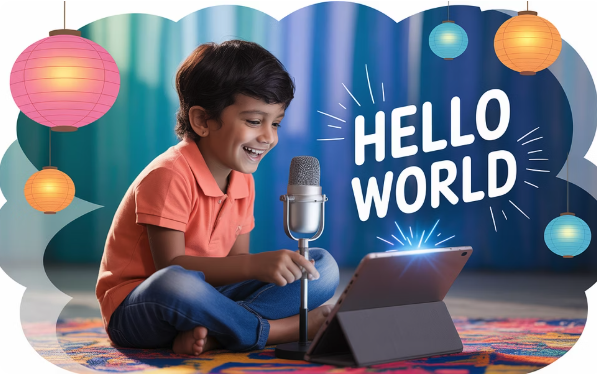 Young boy with microphone and "HELLO WORLD" voice command display